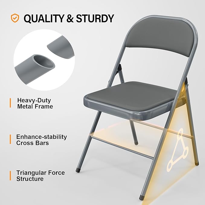 VINGLI 10 Pack Folding Chairs with Padded Seats, Metal Frame with Pu Leather Seat & Back, Capacity 350 lbs, Gray