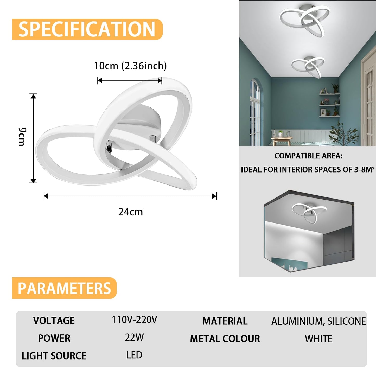 EIDISUNY Ceiling Light LED Lamp 2 Rings Creative Personality Nordic White Ceiling Lighting for Entrance Hallway Lights Ceiling Living Room Cool White Light 22W - White, Cold White Light 6000K