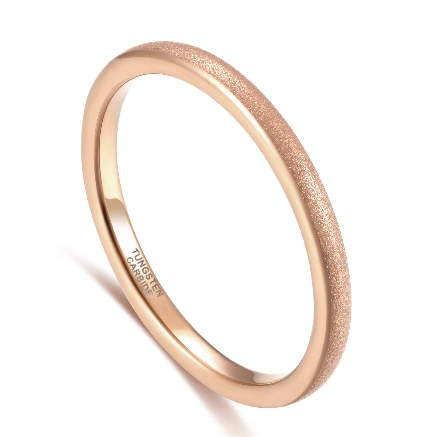 Greenpod 2mm Thin Rose Gold Plated Tungsten Ring for Women Dome Sandblasted Stackable Wedding Bands Comfort Fit Size 5.5
