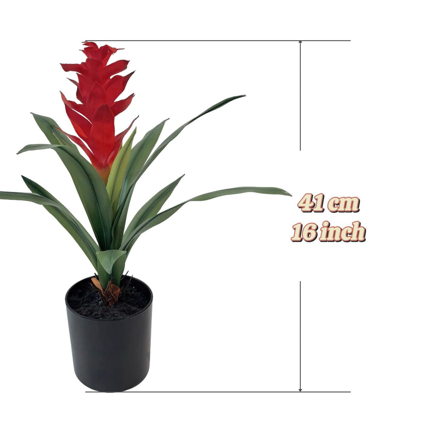 LNGODEHO 16'' Artificail Bromeliad Plant Greenery Hand Touch Leaf Flower in Pot for Indoor Outdoor Patio Garden Home Décor (Red)