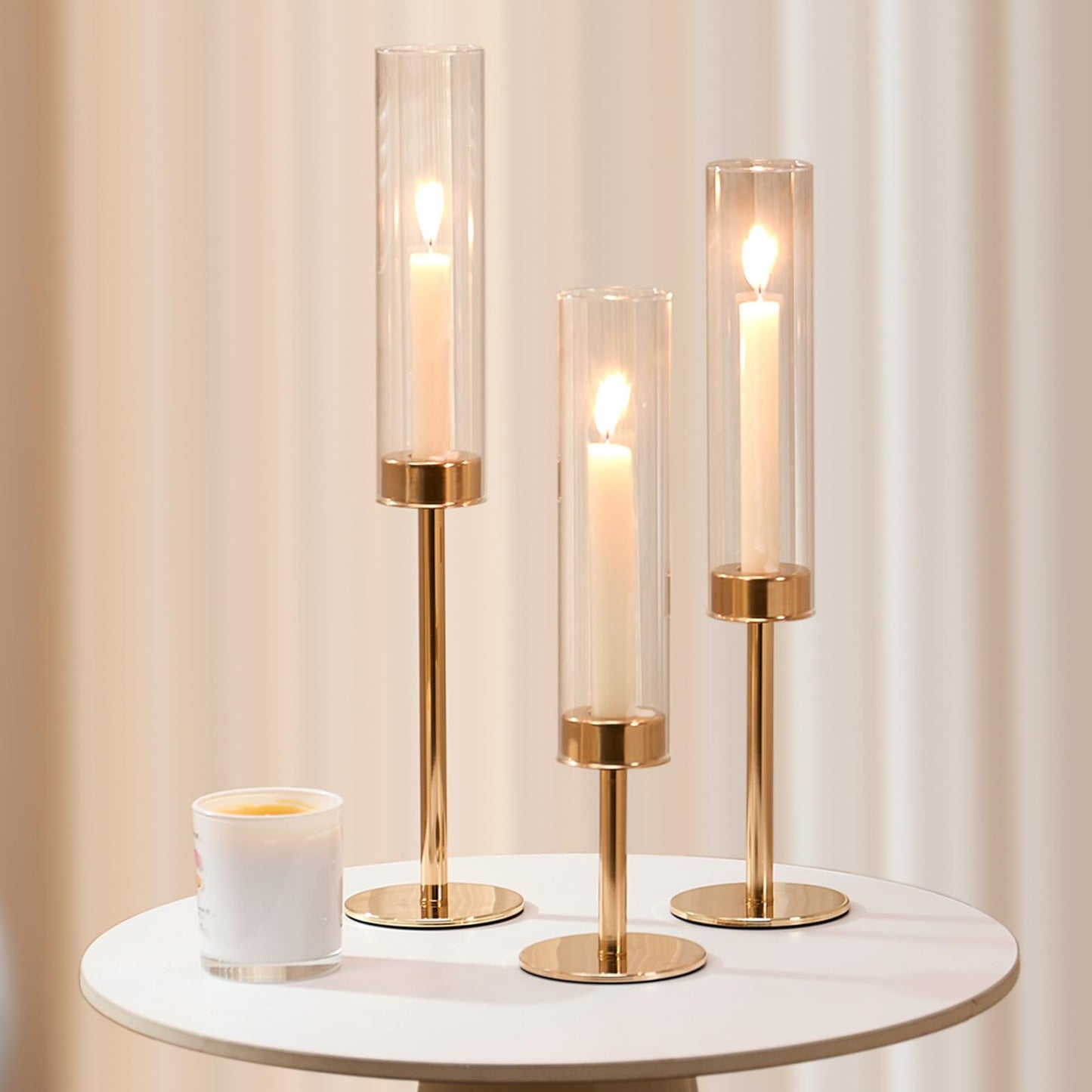 Gold Hurricane Glass Candle Holders Set of 3 Brass Taper Candlestick Holder