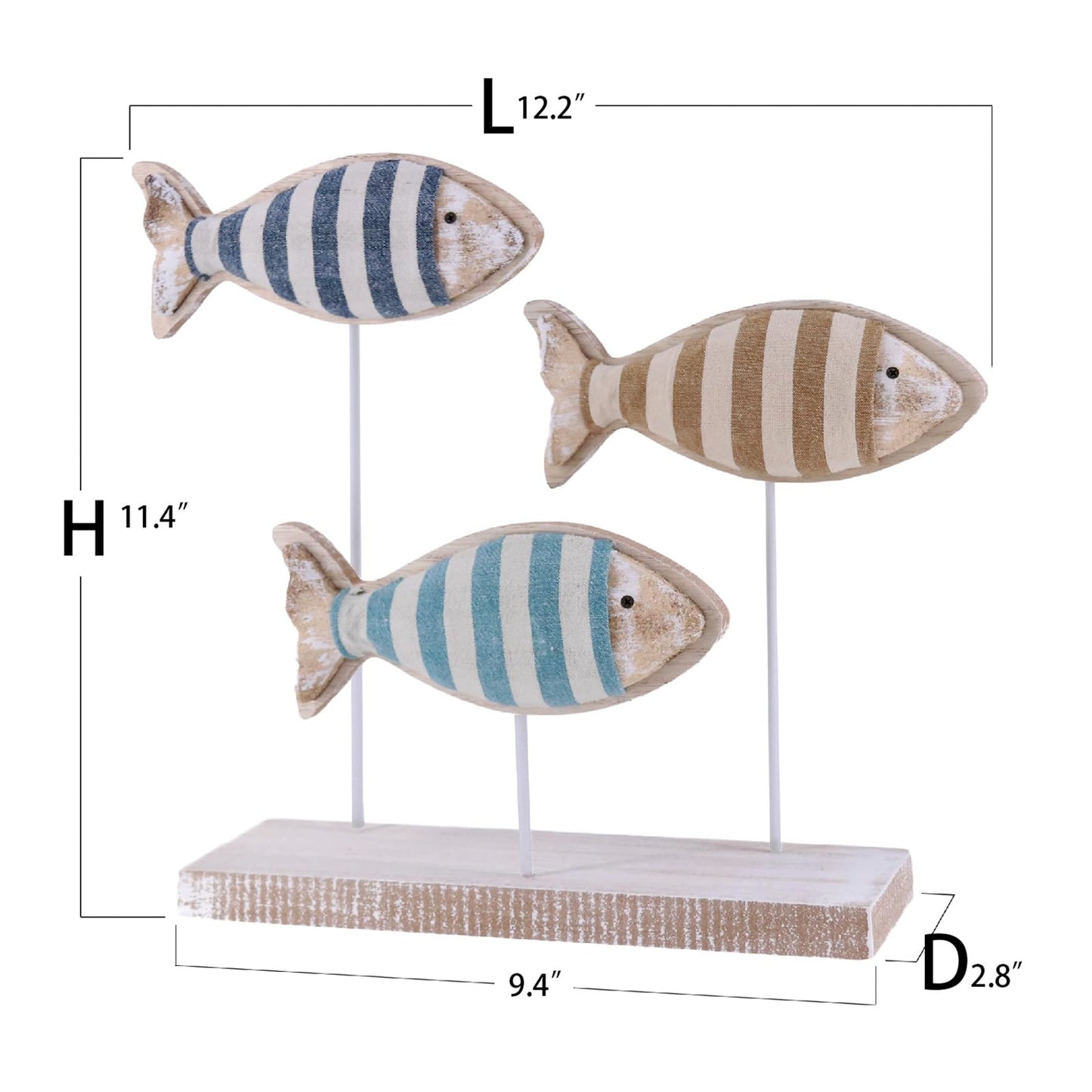 NAUTIMALL Wooden Fish Figurines with Jute Rope and Cotton String, Fish Sculpture Statues for Home Decoration, Table Top Nautical Decor for Living Room, Bedroom, Beachhouse Home Decor (StripedFish-3)