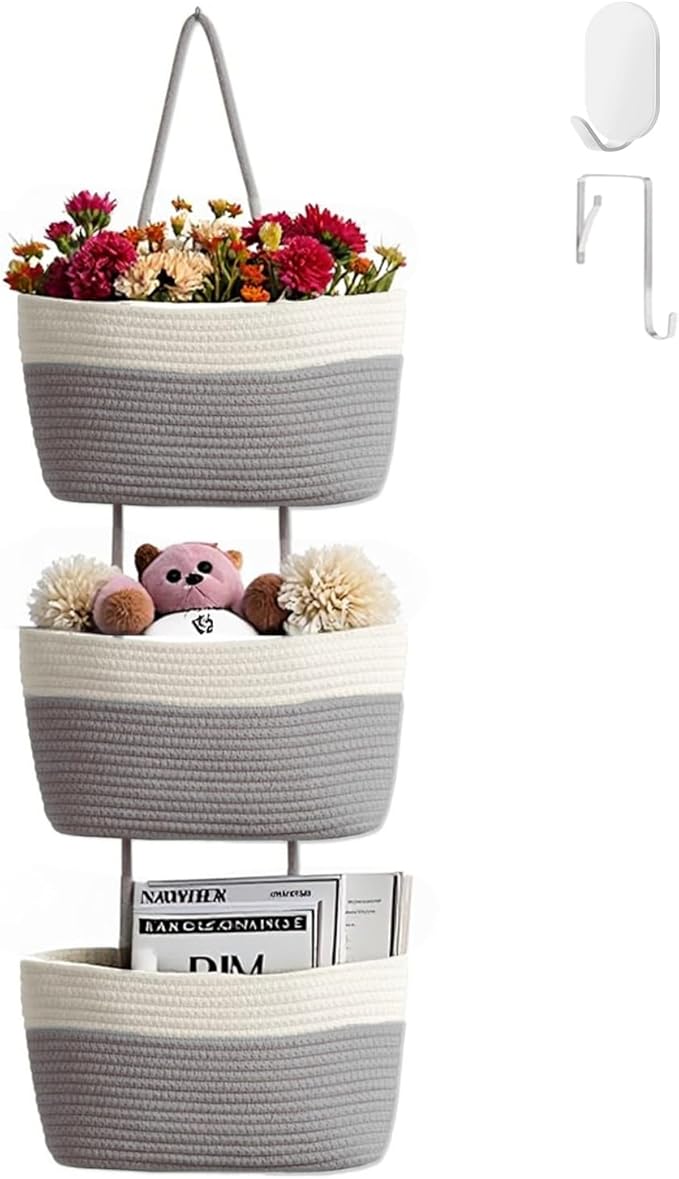 Hanging Baskets for Organizing, 3-Tier Woven Cotton Wall-Mounted Storage