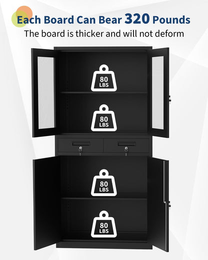 PioneerWorks 71" Black Metal Storage Cabinet w/Glass Doors | 2 Drawers + 2 Adjustable Shelves, Lock Feature | for Garage, Home Office Organization