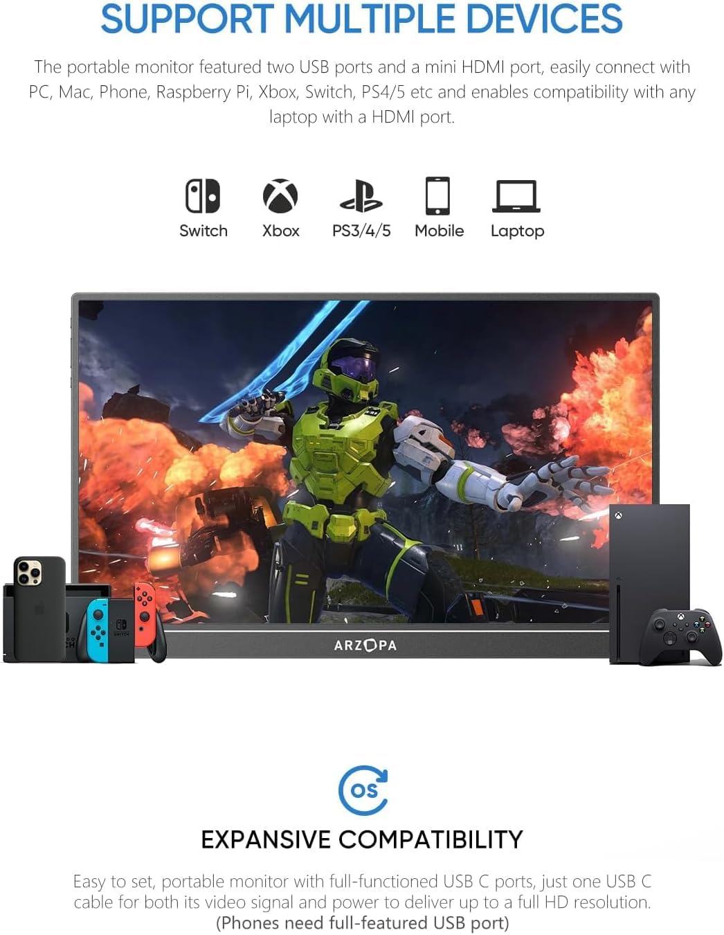 ARZOPA 17.3" Portable Monitor, 1080P FHD 103% sRGB IPS Gaming Monitor Laptop Monitor with Built-in Kickstand HDMI USB C External Screen for PC Mac Phone Xbox PS5 - A1M