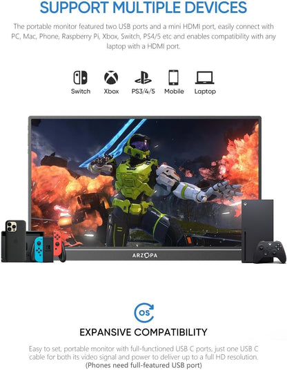 ARZOPA 17.3" Portable Monitor, 1080P FHD 103% sRGB IPS Gaming Monitor Laptop Monitor with Built-in Kickstand HDMI USB C External Screen for PC Mac Phone Xbox PS5 - A1M