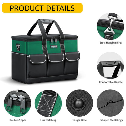 WINHUNT Tool Bag, 19-inch Wide Mouth Tool Organisers, 600 Denier with 6 Interior 8 Exterior Pockets Large Tool Bag for Home DIY & Equipment Storage, Green and Black (19 inch)