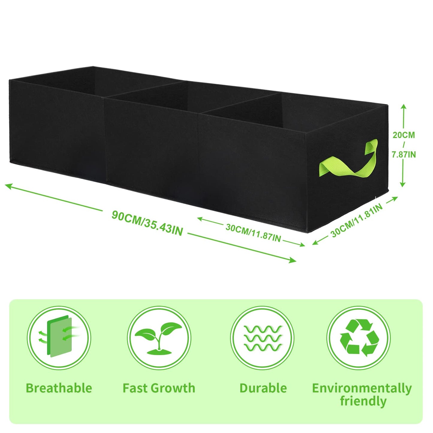 ANGELIOX 2Pcs Grow Bags, 3-Grids Rectangle Grow Bag,14 Gallon Thickened 400G Fabric Garden Bed, Nonwoven Square Flower Planter Containers for Flowers,Vegetable,Fruit, Growing Pots with Handles
