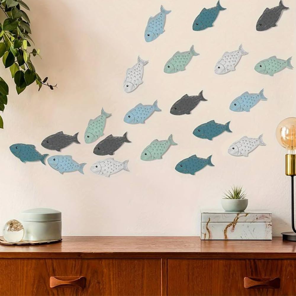 CHENSHUO Set of Wood Fish Wall Decor,Wooden Fish Wall Art,Coastal Themed Wood Fishs Walls Decoration,Beach Theme Decorations,20 Pieces.