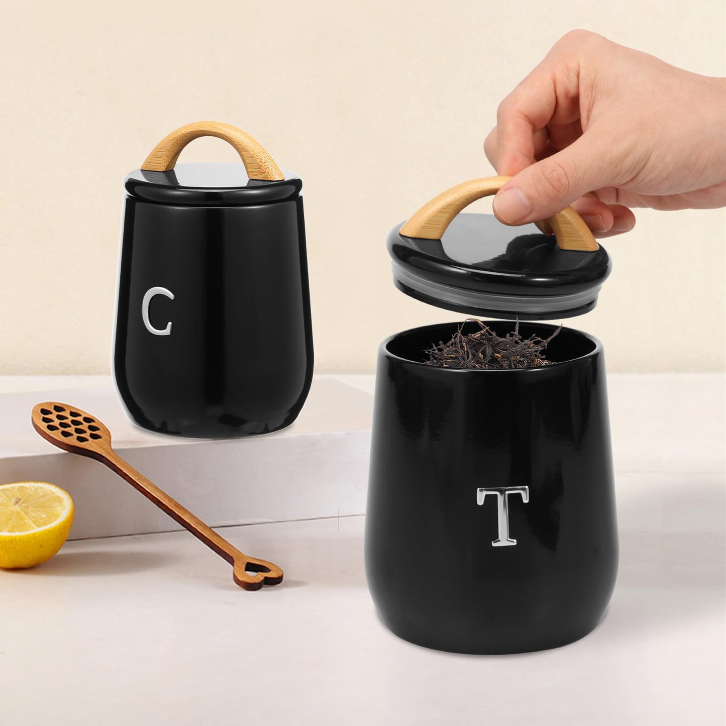 3Pcs Canisters Sets for Kitchen Countertop - Sugar and Coffee Container Set, Metal Moisture Proof Sealed Jar with Label, Kitchen Canisters for Coffee Beans, Tea, Sugar, Salt, Flour, Spices (Black)