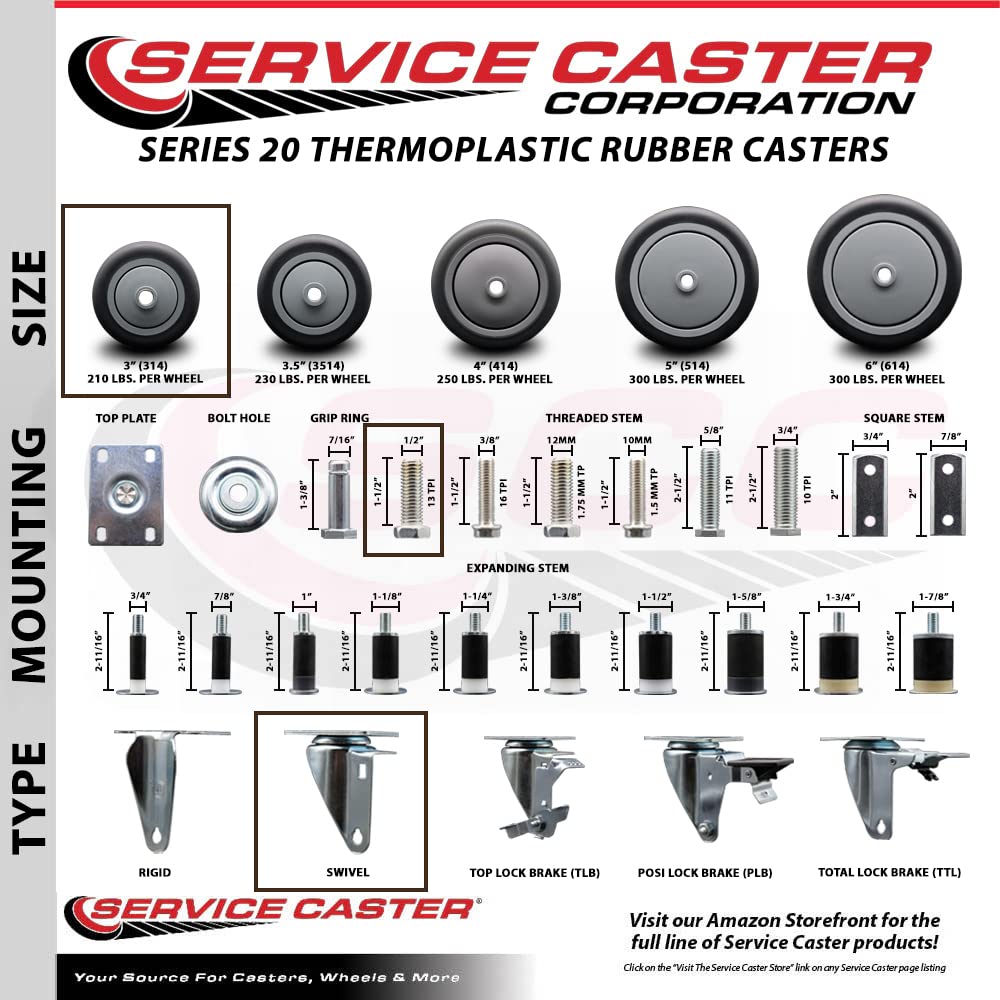 3" Swivel Caster with 1/2" Threaded Stem and Thermoplastic Rubber Wheel - 210 lbs. Capacity - Service Caster Brand