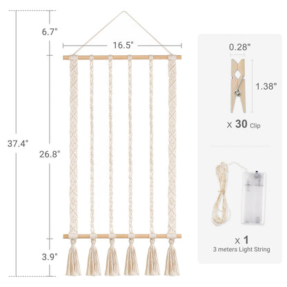 Dahey Macrame Hanging Photo Display Dorm Wall Decor Boho Picture Frames Collage for Picture String with Clips Photo Hanger with Lights Artwork for Teen Girl College Living Room Bedroom Christmas Gift