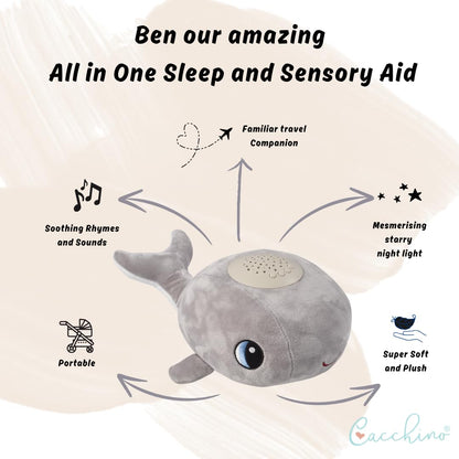 Cacchino® Ben Baby Sleep Soother, Sleep Aid with Musical Night Light Star Projector with Nursery Rhymes, Heartbeat, Soothing Sounds (No Cry Sensor/White Noise). This Plush Whale is an Ideal Baby Gift.