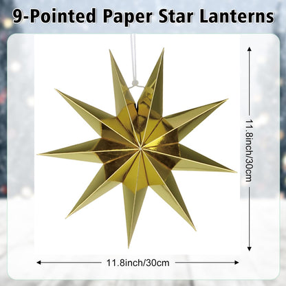 5Pack 9-Pointed Paper Star Lantern 11.8 inch Hanging Paper Lampshade for Winter Wonderland Xmas Day Decoration Wedding Birthday Party Home Decor (Gold)