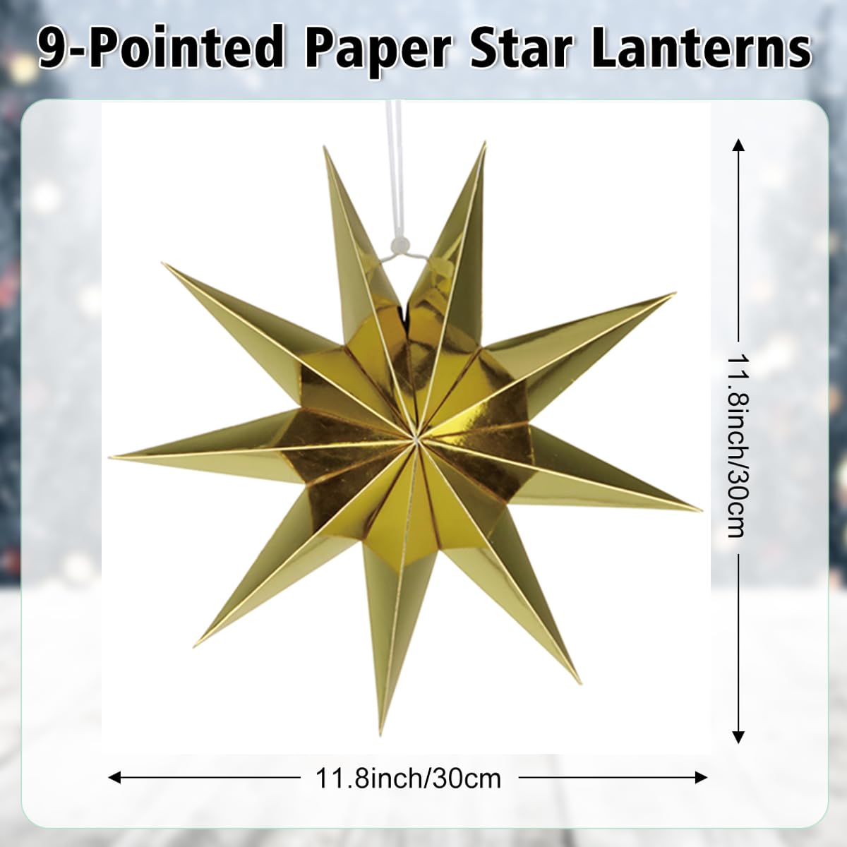 5Pack 9-Pointed Paper Star Lantern 11.8 inch Hanging Paper Lampshade for Winter Wonderland Xmas Day Decoration Wedding Birthday Party Home Decor (Gold)