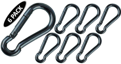 Branded Boards Black & Silver Zinc-Galvanized Heavy Duty Bushcraft Carabiner Spring Snap Clip Link Hooks 200-500lb Load 2, 6 & 12 Packs (Black-5cm-6 Pack)