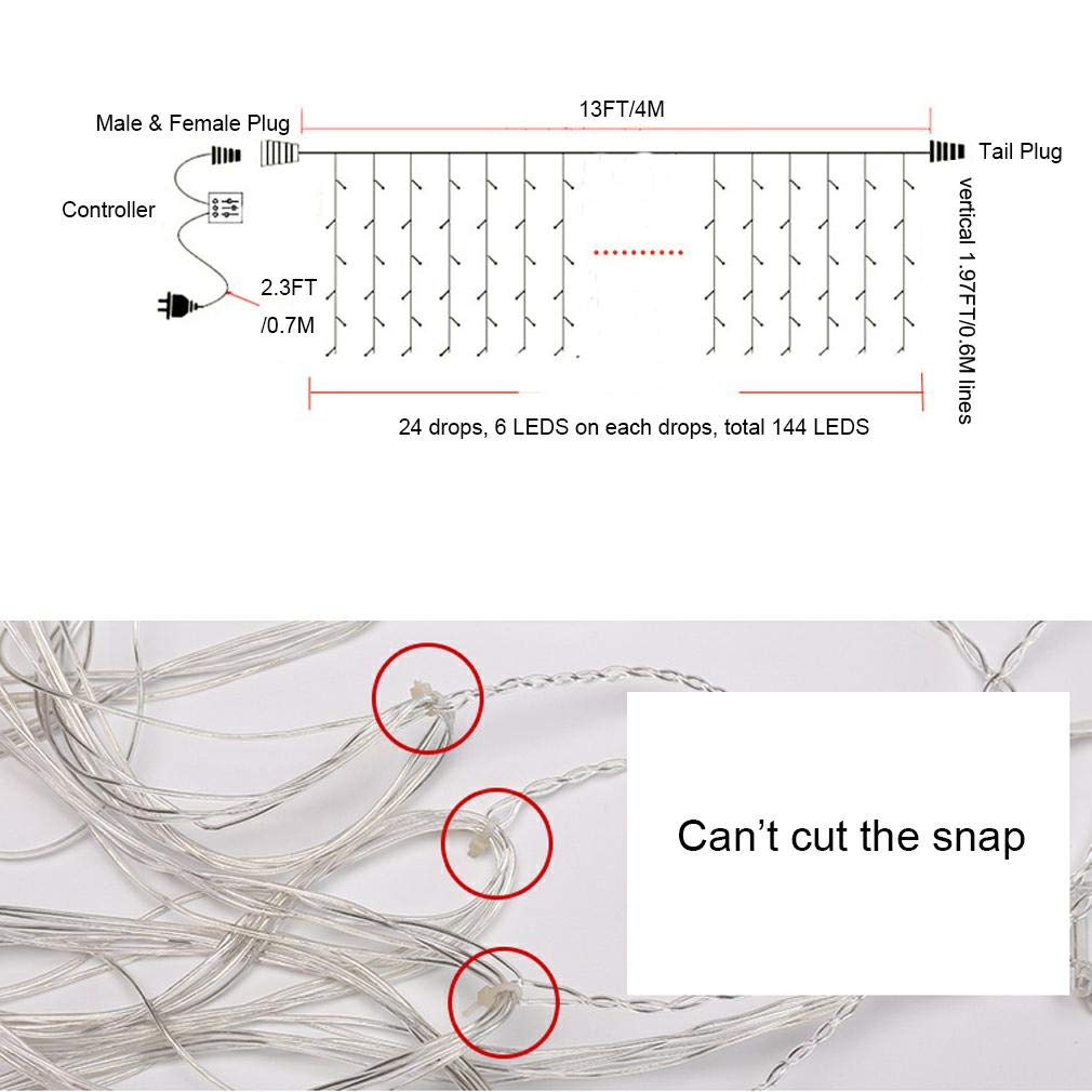 ZIMINGU Icicle Dripping Lights, 13FT 144 LEDs 8 Modes Christmas Connectable Twinkle Window Curtain Fairy Waterfall Diwali Ceiling String Lights for Outdoor Indoor Decorations (Cool White, 4X0.6M)