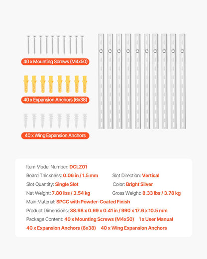 VEVOR Shelf Pilaster, 39-inch 10 Pack, Upright Wall Shelving System, Heavy Duty Support System Single Slot Shelf Rails, 40 Screws Included, Suitable for Cabinet Closet Organization Storage, Silver