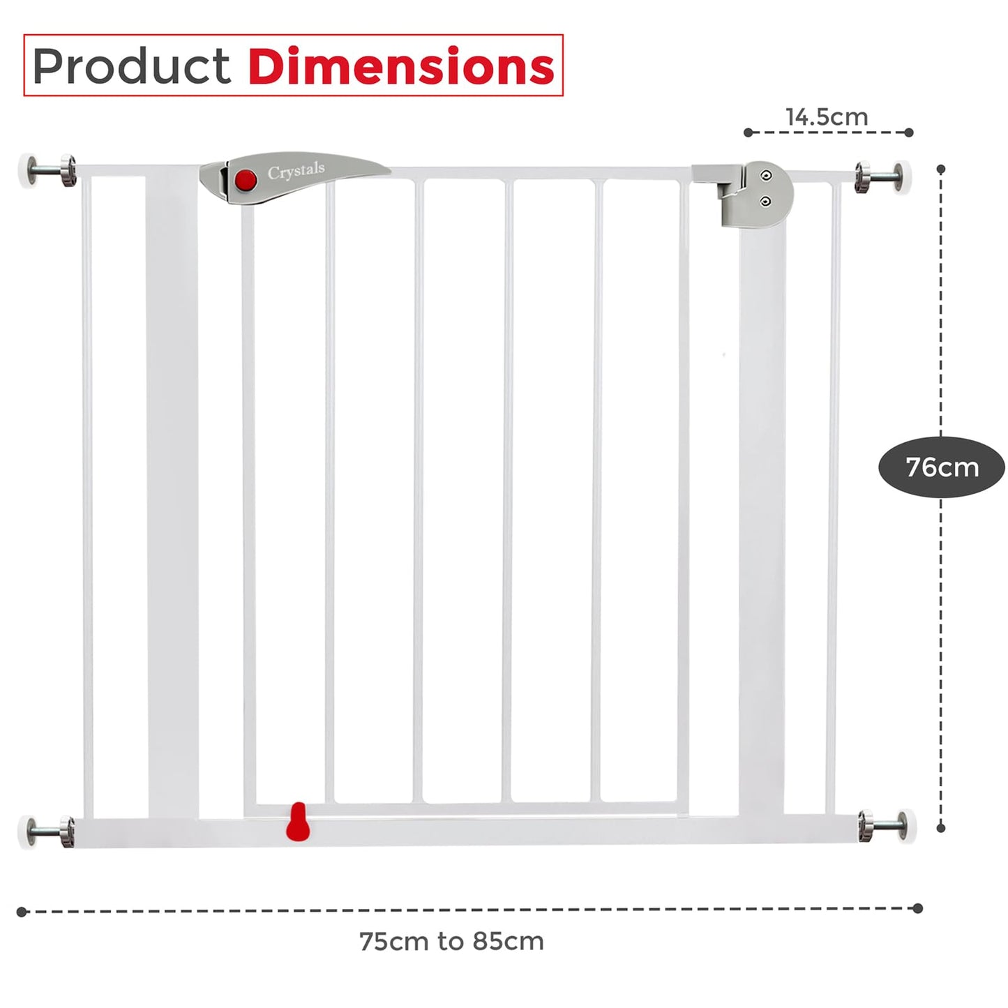 Baby Gate for Doors and Stairs, 10 cm Extension, Stair Gate Pressure Fit - No Screws, Child Stair Gate for Widths 75 to 85 cm, Dog Safety Gate One-Handed Opening to Both Sides, Metal, White/Grey