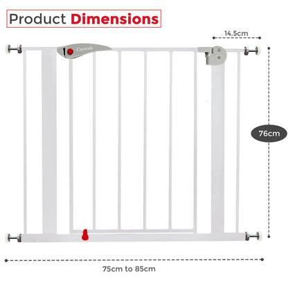 Baby Gate for Doors and Stairs, 10 cm Extension, Stair Gate Pressure Fit - No Screws, Child Stair Gate for Widths 75 to 85 cm, Dog Safety Gate One-Handed Opening to Both Sides, Metal, White/Grey