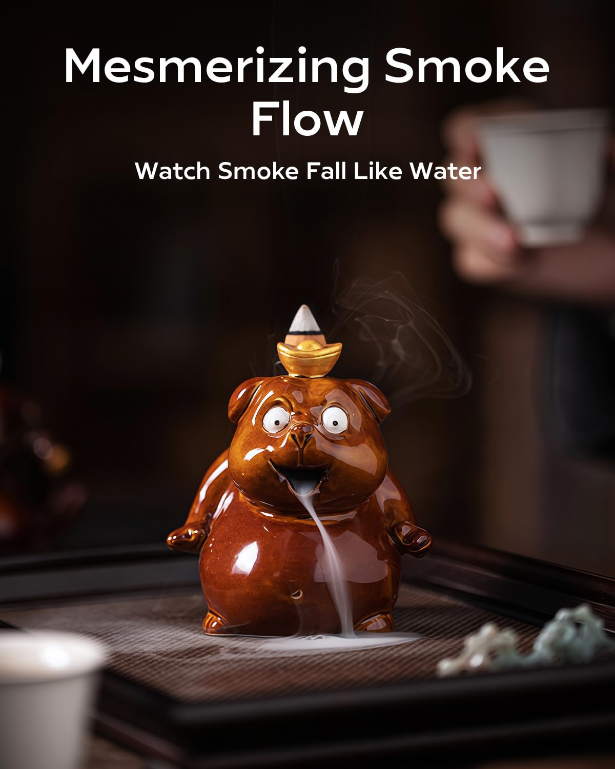 TEAVOR Backflow Incense Burner Ceramic, Funny Smoking Frog Incense Holder, Novelty Aromatherapy Ornament Home Decor for Yoga & Meditation
