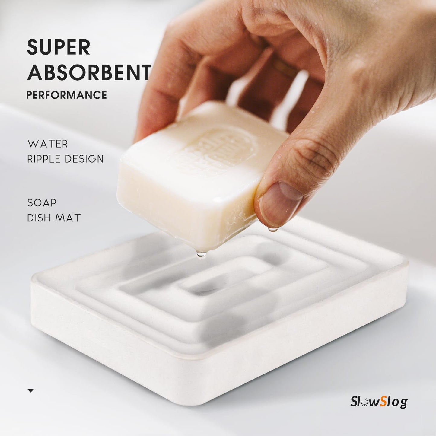 Slow Slog 1 Pack Diatomite Soap Dish Holder, Quick Dry Stone Bath Tray, Diatomaceous Earth Stone Soap Holder, Water Absorbent Rectangular Soap Dish for Bar Soap, White