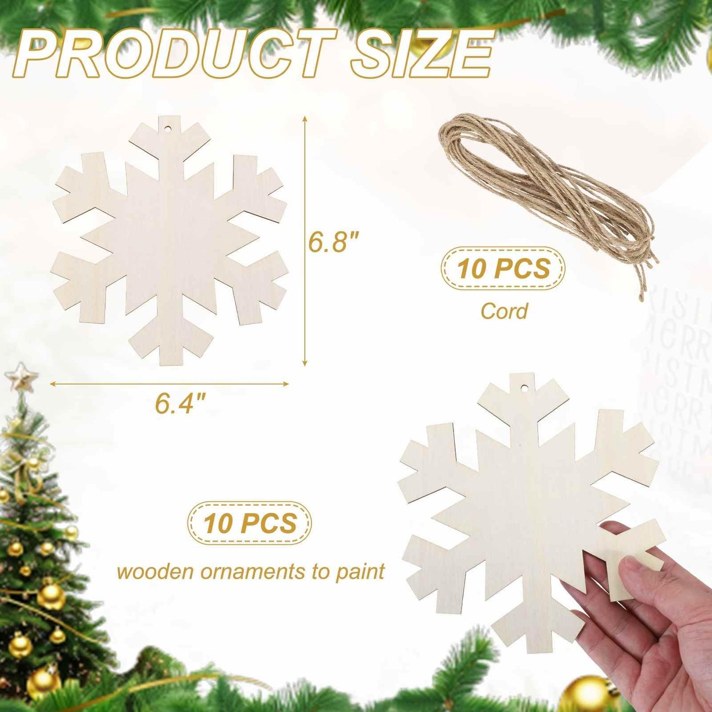 MECCANIXITY 10Pcs 7" Wooden Snowflake Ornaments & Rope, DIY Paint Blank Unfinished Wood Snowflake Cutouts for Art Crafts DIY Hanging Decorations Halloween Christmas Birthday Autumn Gifts