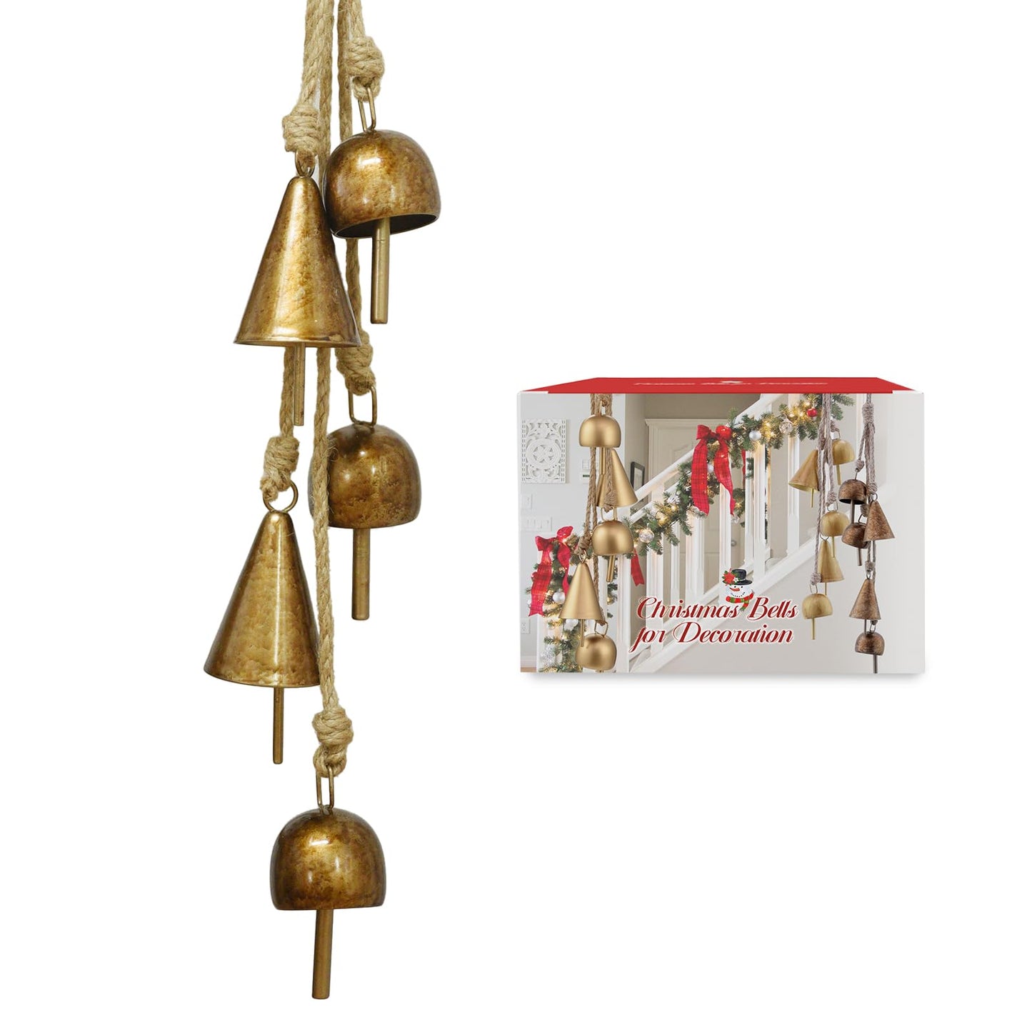 Rustic Gold Metal Bells with Jute Rope for Christmas Tree, Wreath, Party, Wedding Decor - 3.5W x 21H