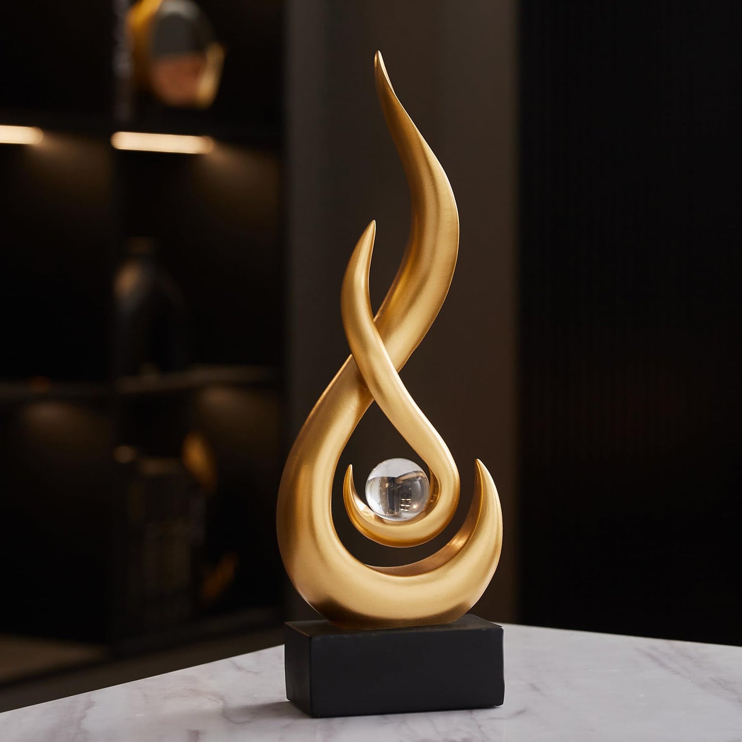 AWNR Abstract Gold Sculpture Decor: Flame Statue with Glass Ball Resin Art Figurines Unique Centerpiece Table Decorations Modern Home Decor Living Room TV Stand Coffee Table Office Decor