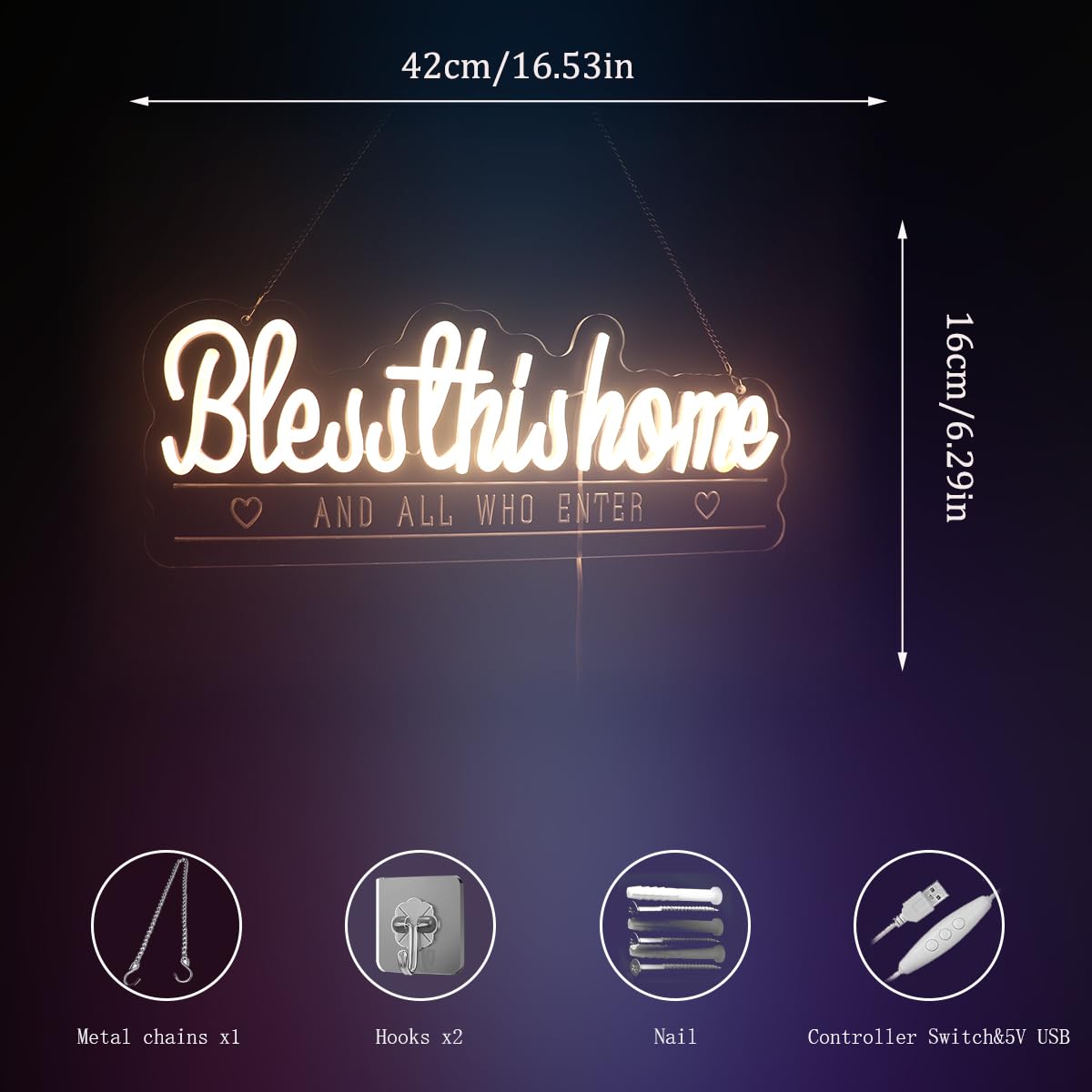 "Bless This Home And All Who Enter" Neon Sign, Positive Quotes Decorative Neon Lights for Home Room Wall Decor Neon Light Sign, Christmas Birthday Thanksgiving Gift