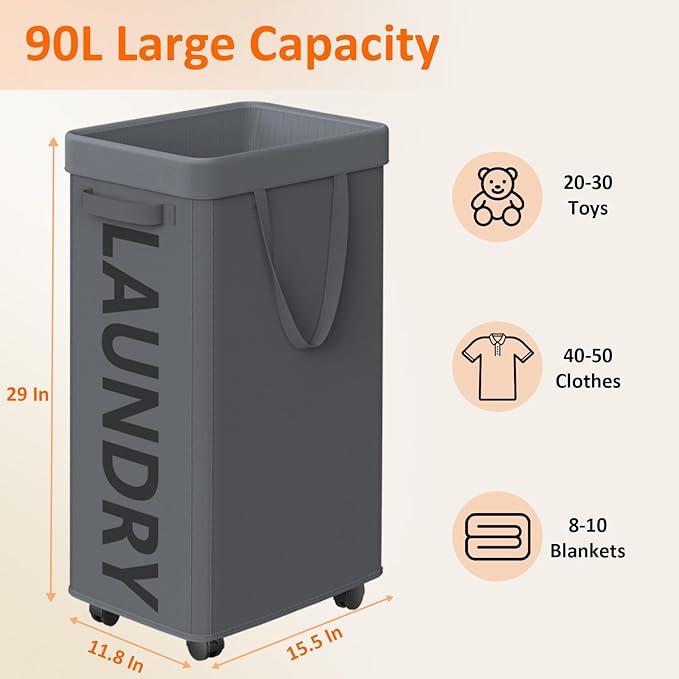 2 Pack Laundry Basket with Wheels, 90L Rolling Laundry Hamper with Wheels