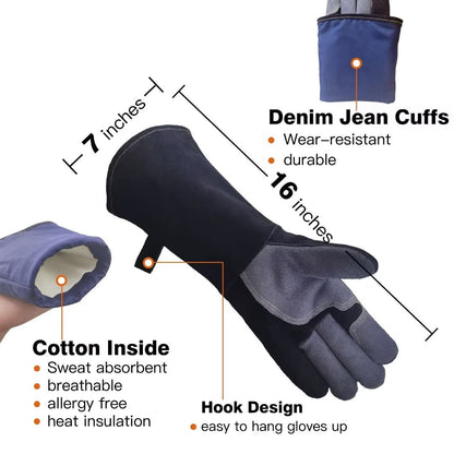 WZQH 40 CM / 16 IN, Leather BBQ Gloves, Fire and Heat Resistant Mitts for Barbecue, Welding, Firefighting, Fireplace, Oven, Baking, Stove, Pot Holder, Animal Handling. Grey-black Large Fireproof Glove