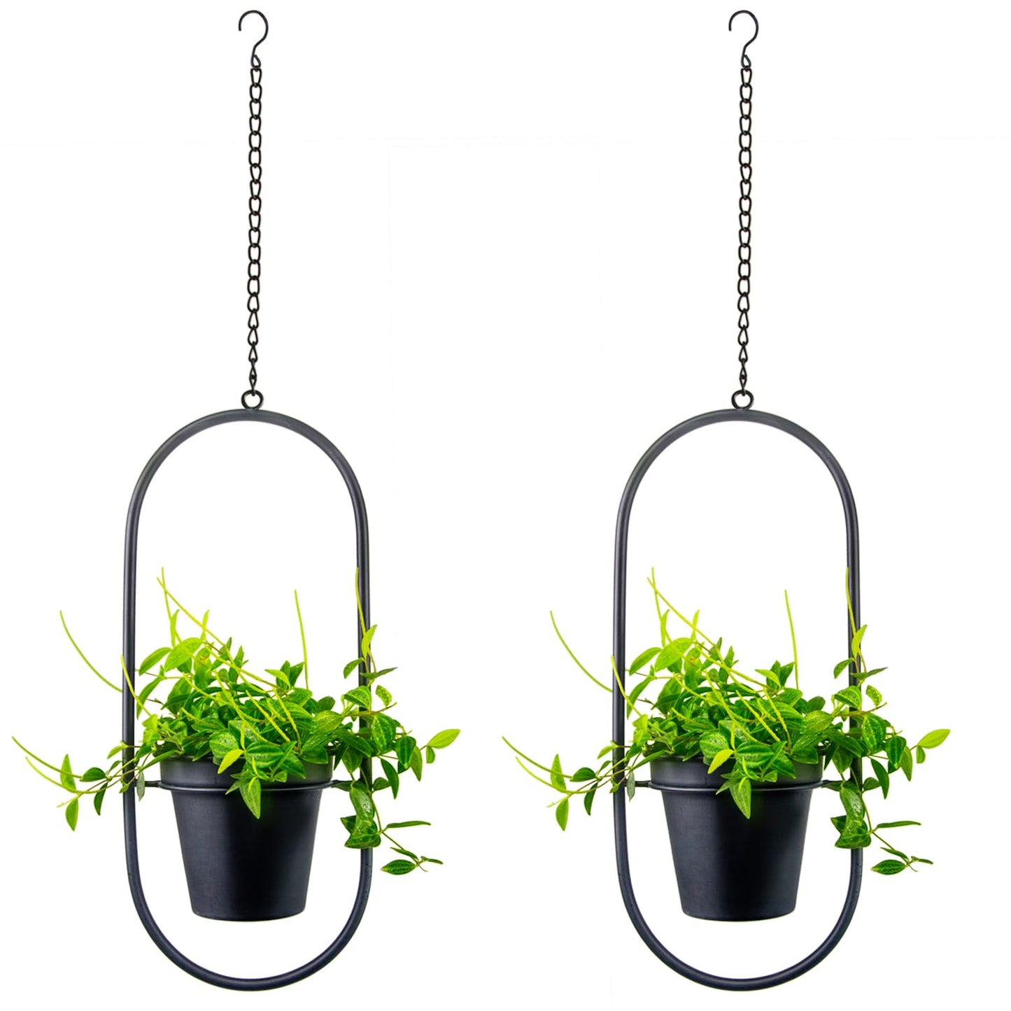 HemePaha Modern Metal Hanging Planters with 5 Inch Pots - Set of 2 Oval Geometric Plant Hangers - Black Wall and Ceiling Mount Flower Holders for Indoor and Covered Outdoor Houseplants