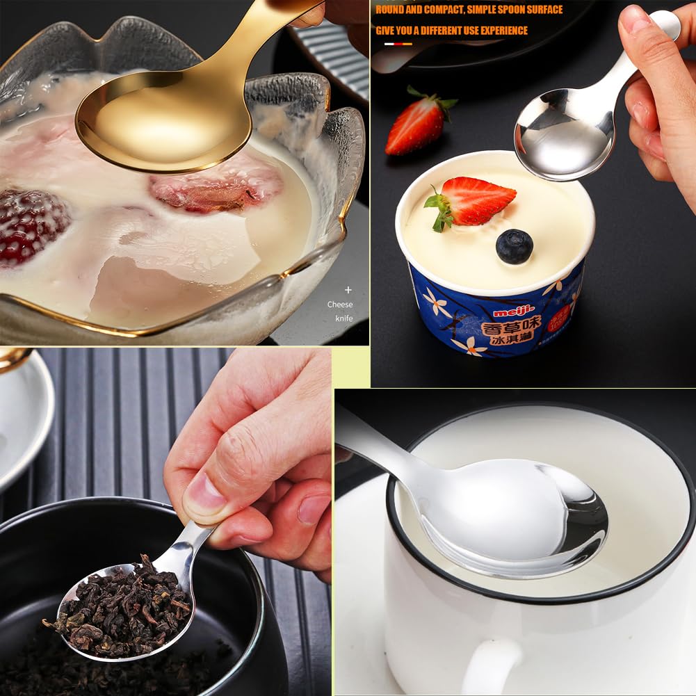 5PCS Short Handle Spoon, Stainless Steel Mini Spoons Thickened Small Round Spoon For Salt Condiments Dessert Tea Coffee (Silver)