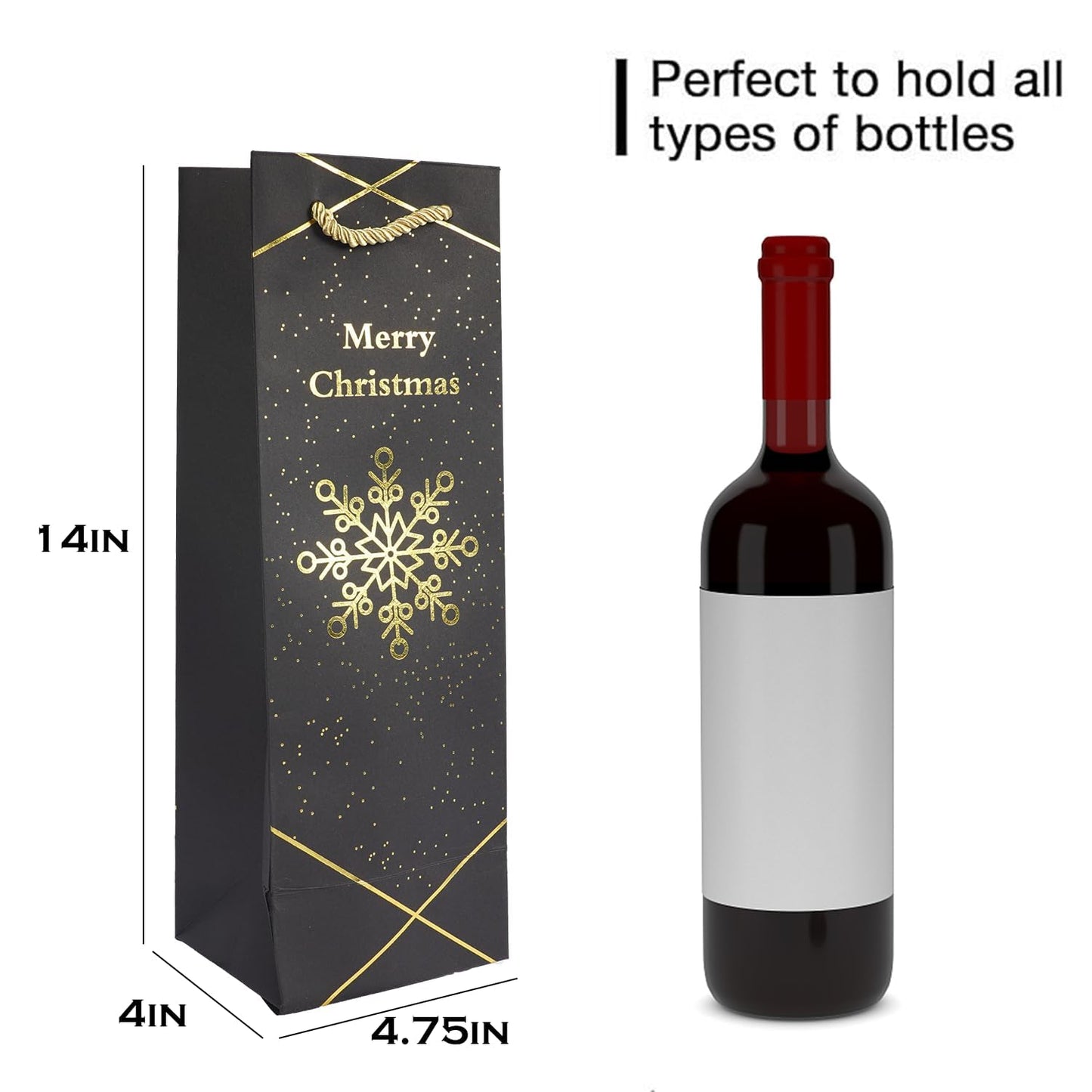 Uptotop Christmas Bottle Bags, 12 Pack Gold Foil Christmas Wine Gift Bags, Xmas Kraft Paper Bags with Rope Handles for Holiday Party Gift Giving