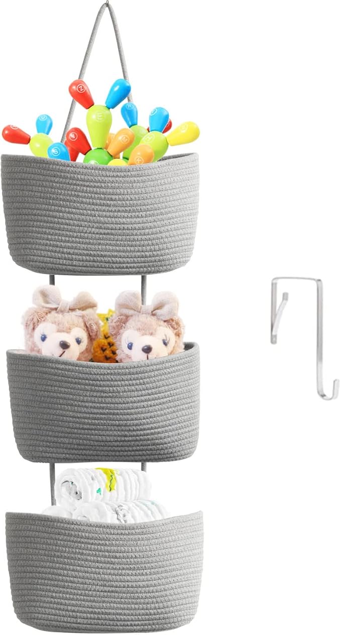 TeoKJ Over the Door Organizer, 3-Tier Woven Cotton Hanging Kitchen Baskets