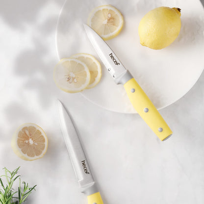 hecef Kitchen Knife Block Set, 14 Pieces Knife Set with Wooden Block & Sharpener Steel & All-purpose Scissors, High Carbon Stainless Steel Cutlery Set (Yellow)
