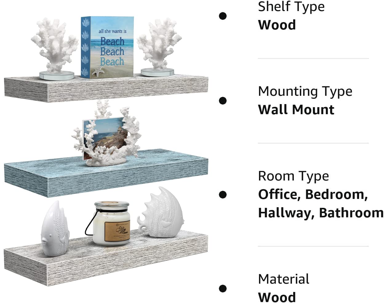 Sorbus Floating Shelves - 3 Pack 16 Inch Rustic & Blue Wall Shelves for Bedroom, Kitchen, Living Room, Bathroom Shelves, Home Decor, Office - Floating Shelf for Trophy, Books, Frames