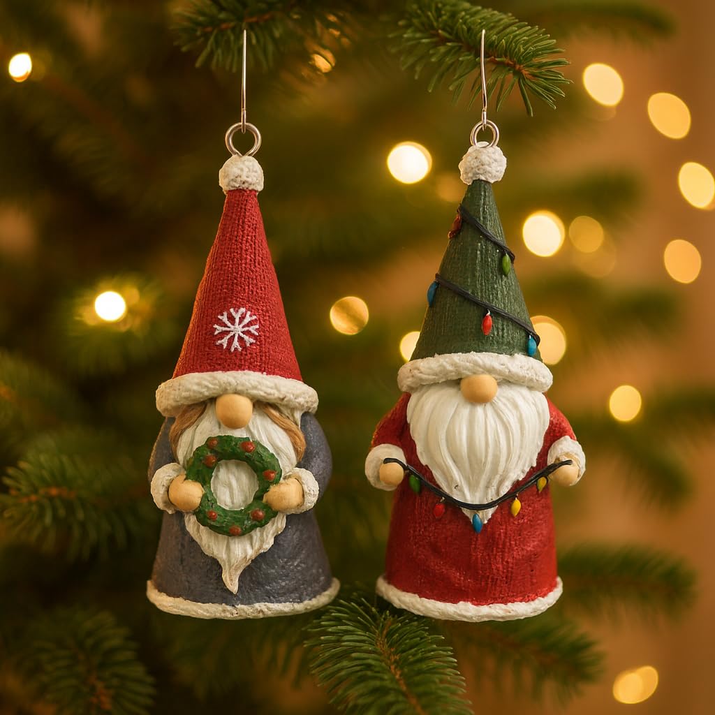 2-Pack Christmas Gnomes Hanging Ornaments, Hand-Painted Resin Decorations with Elastic Hanging Cord Lightweight Scandinavian Xmas Ornaments for Christmas Tree, Mantel & Gifts (Gnomes)