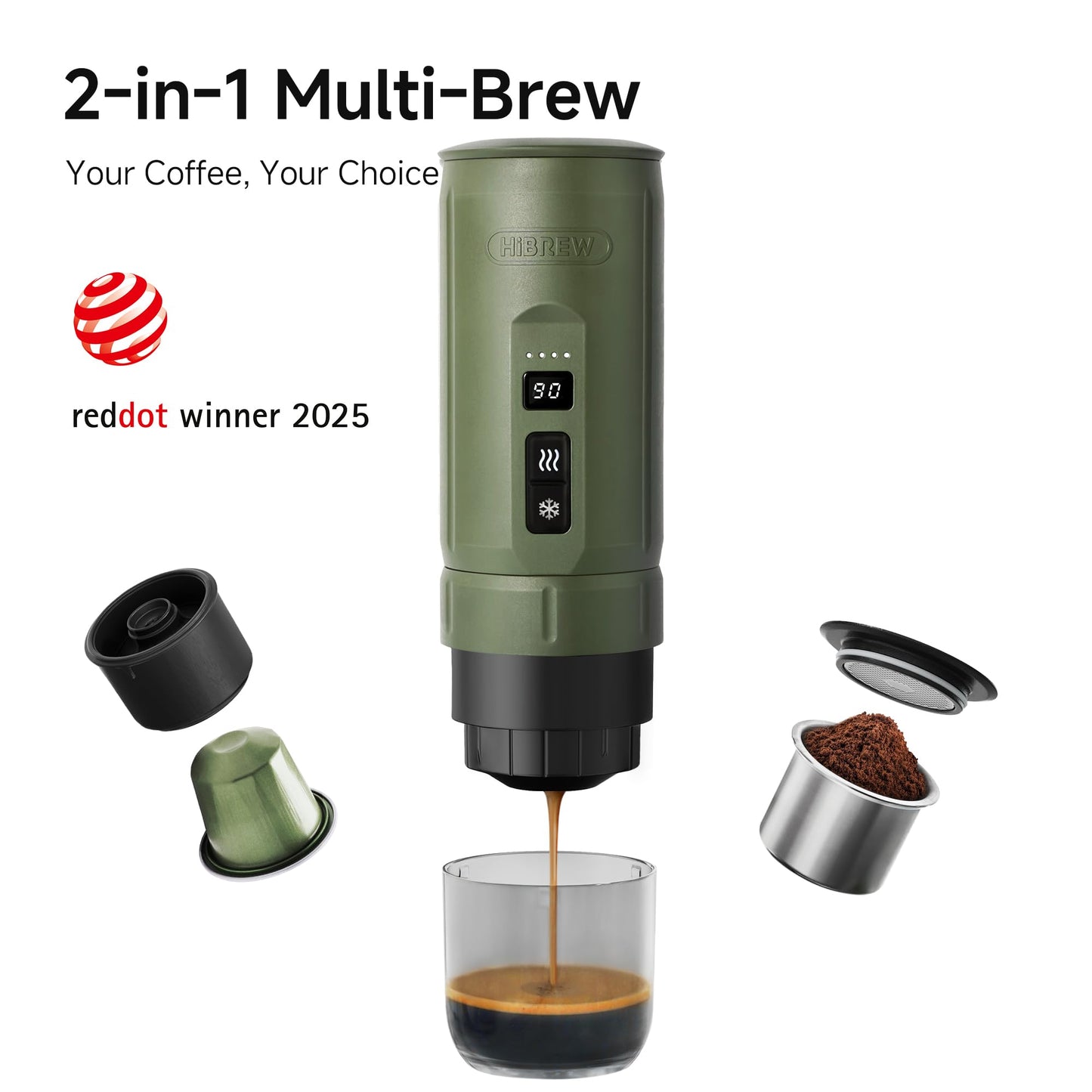 HIBREW H4C Classic - Portable Electric Espresso Machine, USB-C Rechargeable Coffee Maker with Removable Battery, Compatible with Ground Coffee & NS Capsules, Travel & Home(Green)