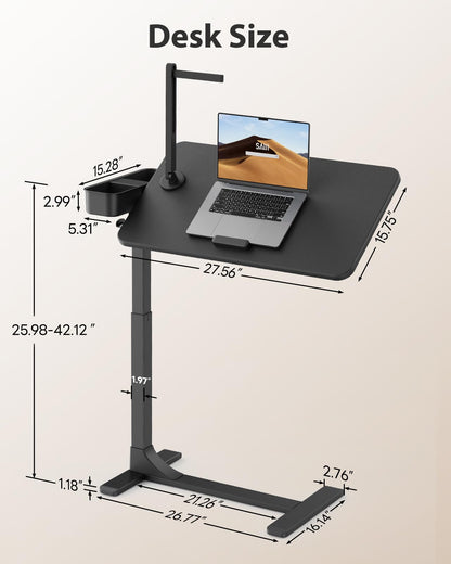 SAIJI Magnetic Overbed Bedside Table with Wheels, Height and 360° Angle Adjustable Over Bed Desk with Led Light, Portable Lengthened Rolling Laptop Standing Desk Mobile Bed Tables Hospital Home Use