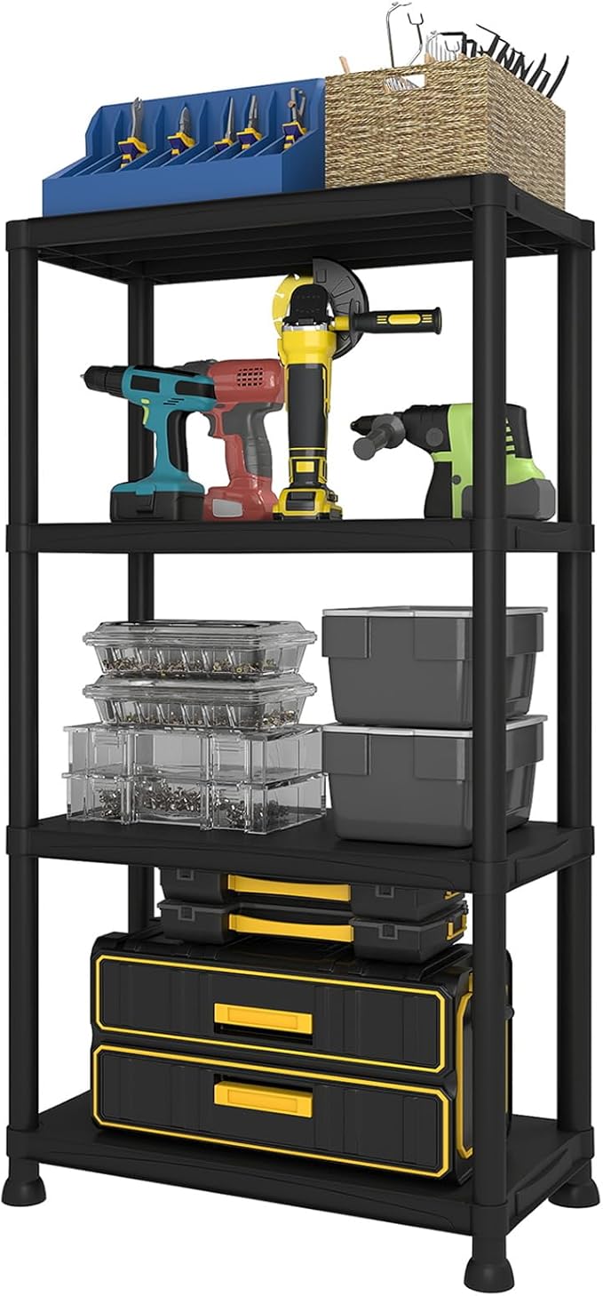 Plastic Storage Shelves, 11.8" D x 23.62" W x 52.56" H Plastic Shelves for Storage, 4-tier Shelving Unit, Storage Rack, 264 lbs, Bathroom, Laundry, Garage & Home