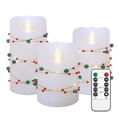 Flameless Candles with Red Green Beads String Lights - Real Wax Christmas Decor Battery Operated Candles with Remote & Timer- Home Party Bedroom Holiday Valentine's Day Decorations - Set of 3