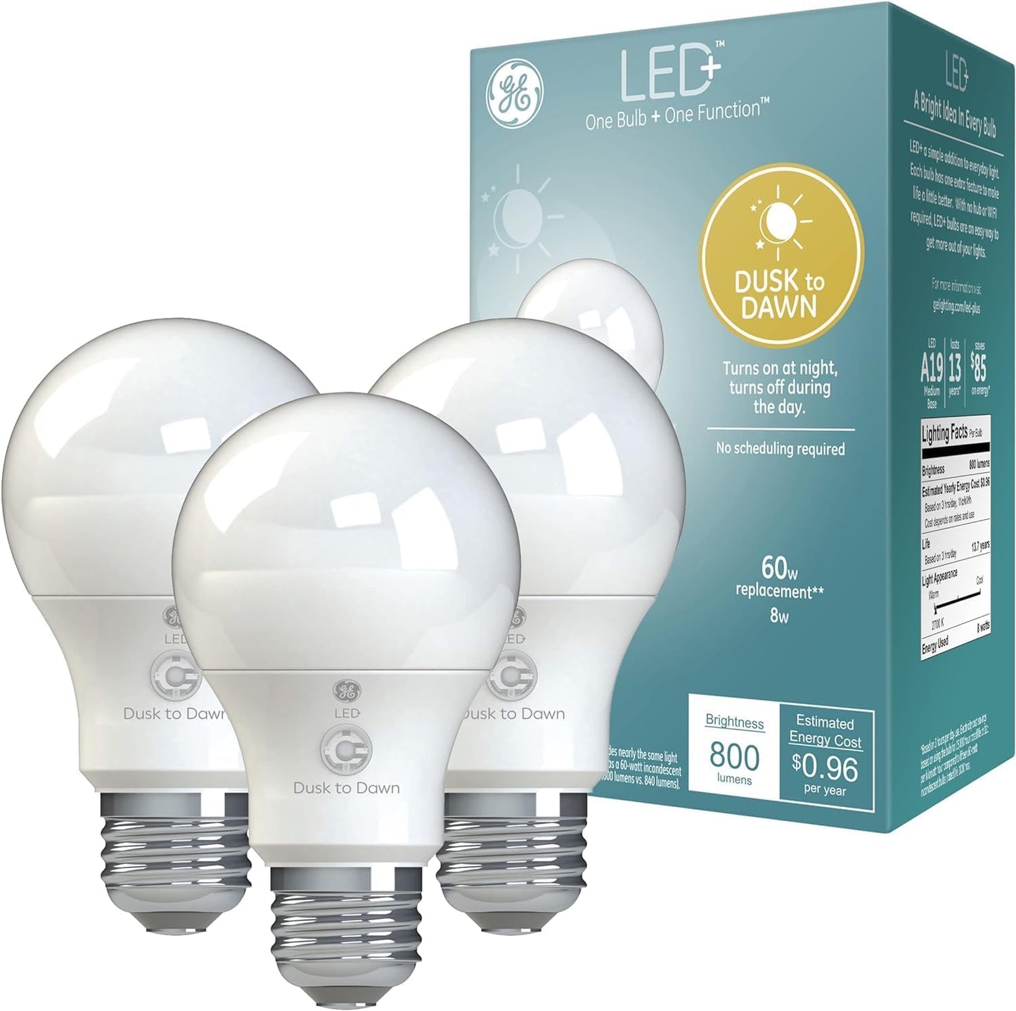 GE LED+ A19 Dusk to Dawn LED Light Bulbs, Automatic On/Off Outdoor Security Light, Soft White (2 Pack)