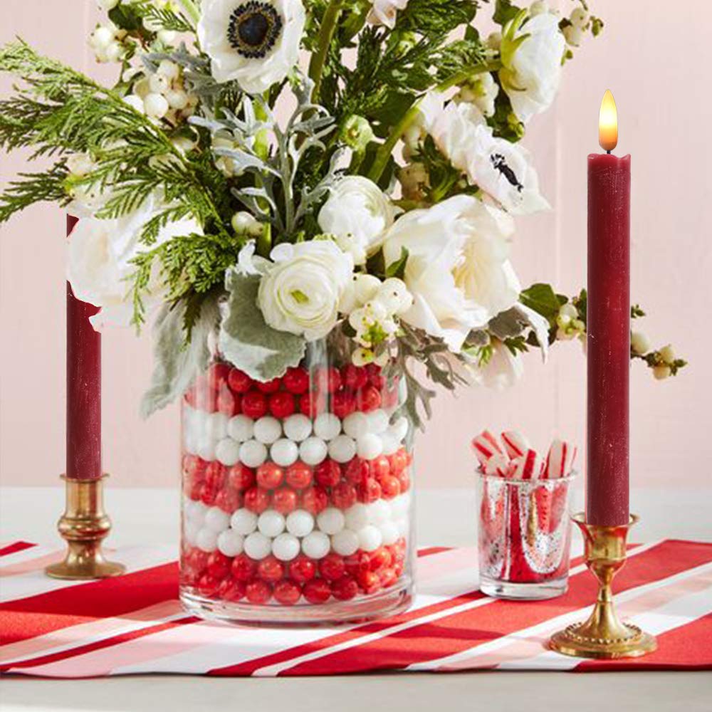 Wondise Flameless Taper Candles with Timer, 6 Pack Battery Operated LED Flickering Real Wax Red Candle for Christmas Wedding Dinner Decorations
