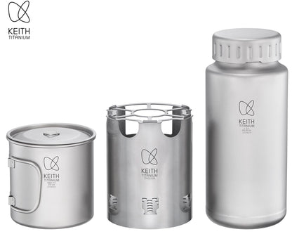 Keith Titanium Ti3070 Nesting Camp Set - Ultralight Plastic-Free Titanium Bottle, Mug & Wood Stove with Canvas Carry Bag - Durable, Portable, and Eco-Friendly for Camping, Hiking & Outdoor Adventures