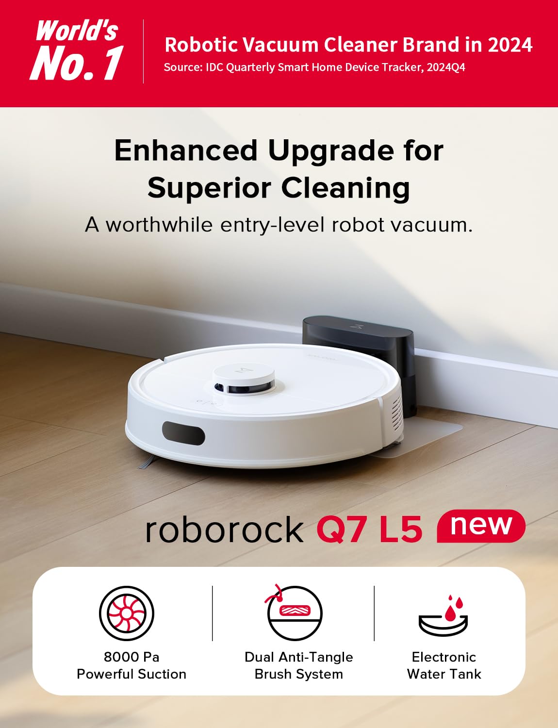 roborock Q7 L5 Robot Vacuum and Mop Combo, 8,000Pa Suction, Upgraded from Q5 Pro, Dual Anti-Tangle System, LiDAR Navigation, Multi-Level Mapping, Self-Charging Robotic Vacuum Cleaner, Black