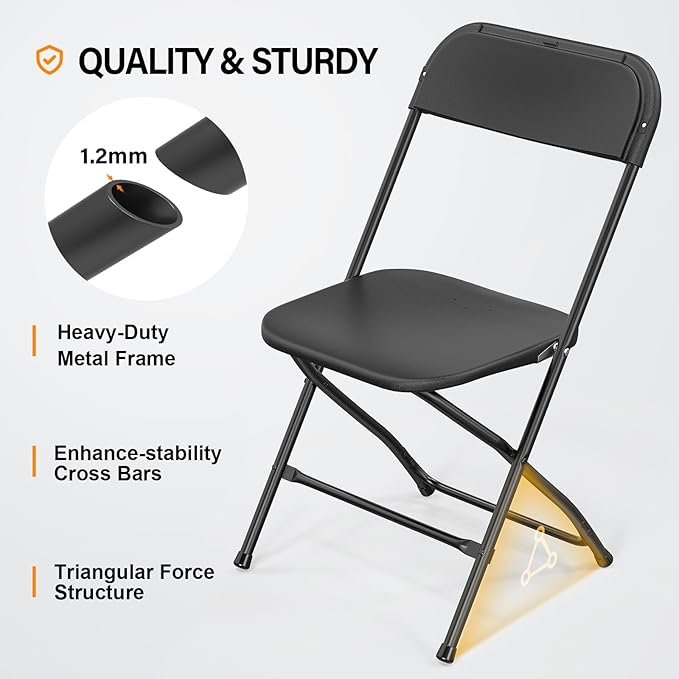VINGLI 2 Pack Black Plastic Folding Chair, Indoor Outdoor Portable Stackable Commercial Seat with Steel Frame 350lb. Capacity for Events Office Wedding Party Picnic Kitchen Dining