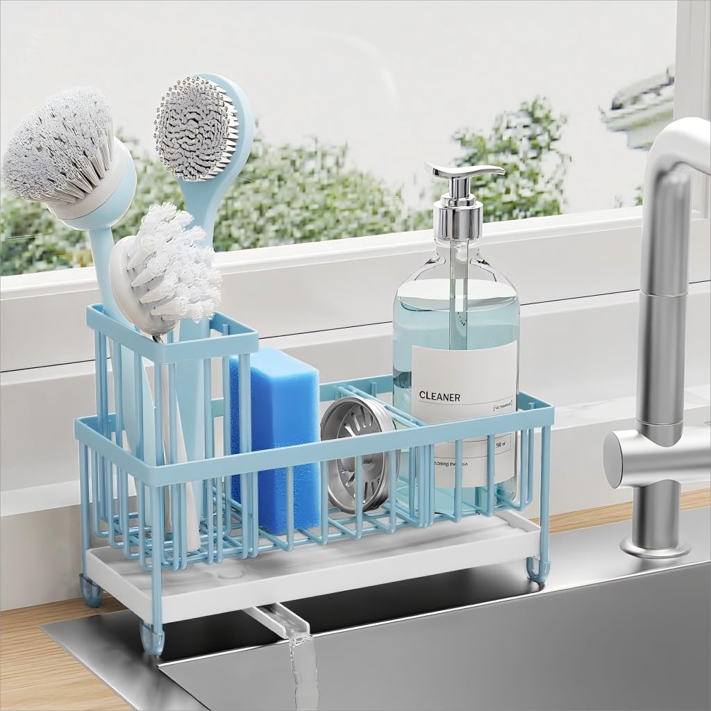 Cisily Black Sponge Holder for Kitchen Sink, Sink Caddy Organizer with High Brush Holder, Kitchen Countertop Organizers and Storage Essentials, Rustproof 304 Stainless Steel, Soap Dispenser Organize