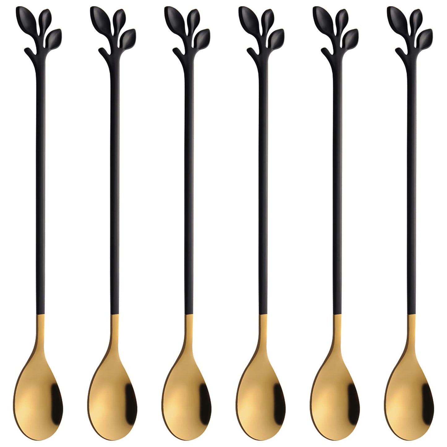 AnSaw 6-Piece Elegant Black & Gold Leaf Long Handle Teaspoons - 7.4"
